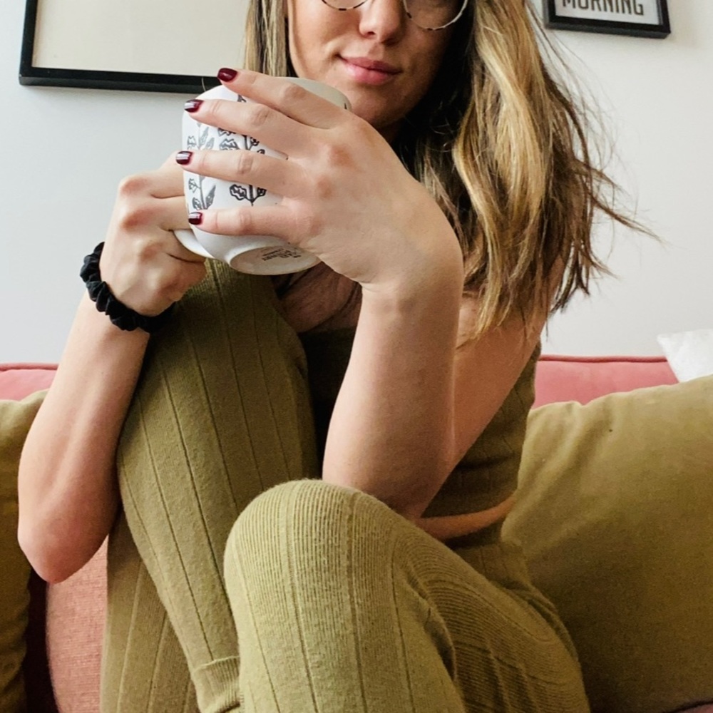 Beige Botany Lounge Set - Olive Green Crop Top and Legging Style bottoms.